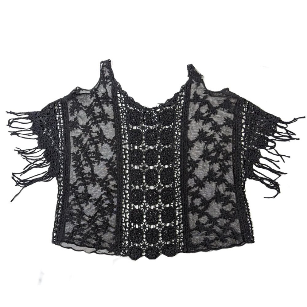 104. Mudd Women's Black Crochet Top with Fringe - Boho Chic Style